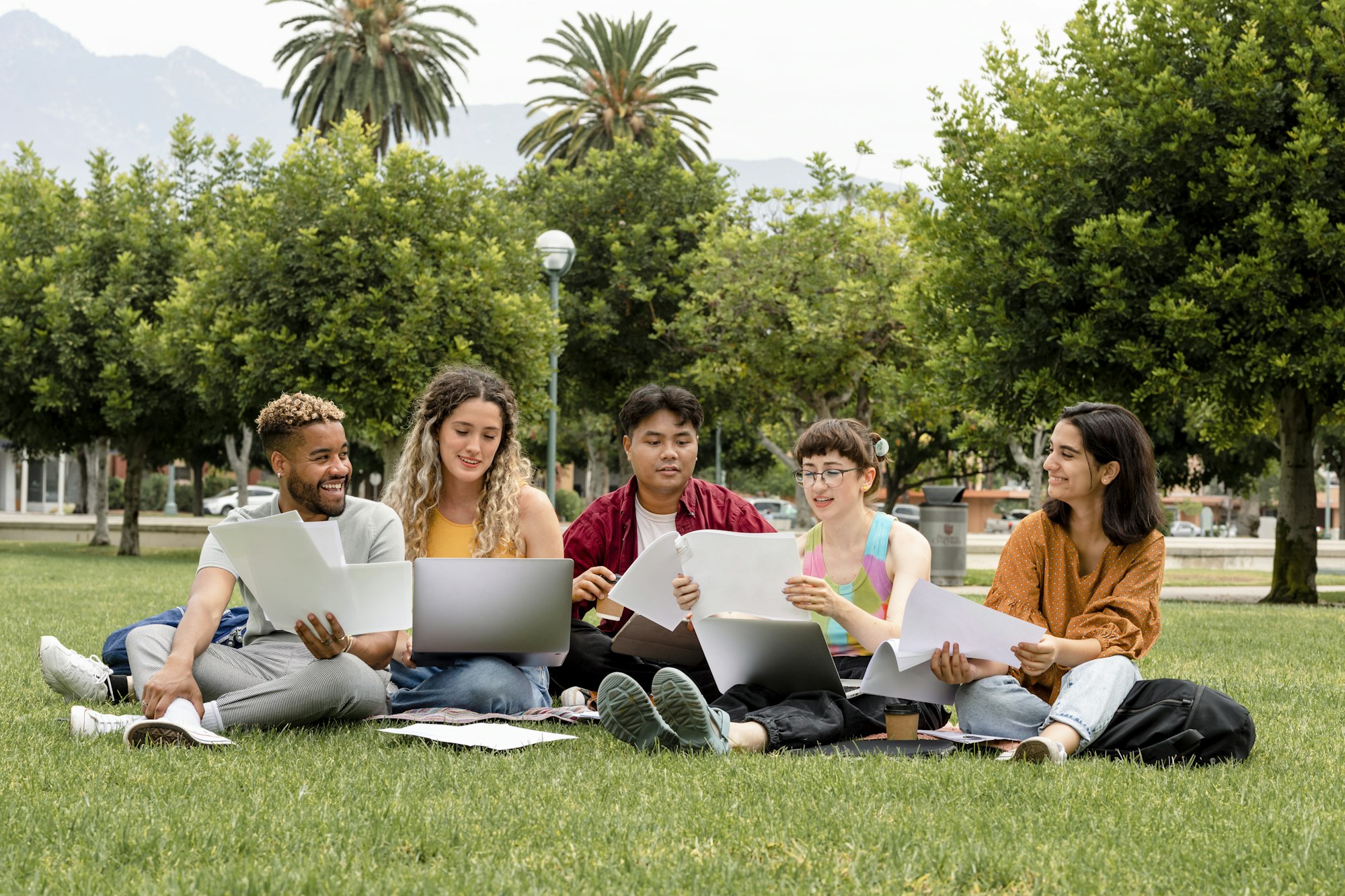 College students working together in the park